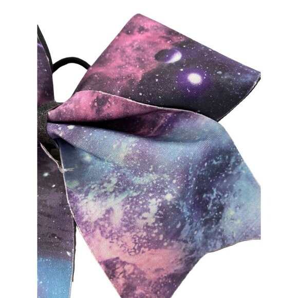 Girls Oversize Hair Bow 6" Elastic Ponytail Galaxy Print Blue Pink Purple - Picture 2 of 7